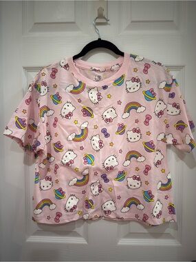 Sanrio Hello Kitty Faces, Rainbows and Bows Allover Print Baby Pink Crop T-Shirt